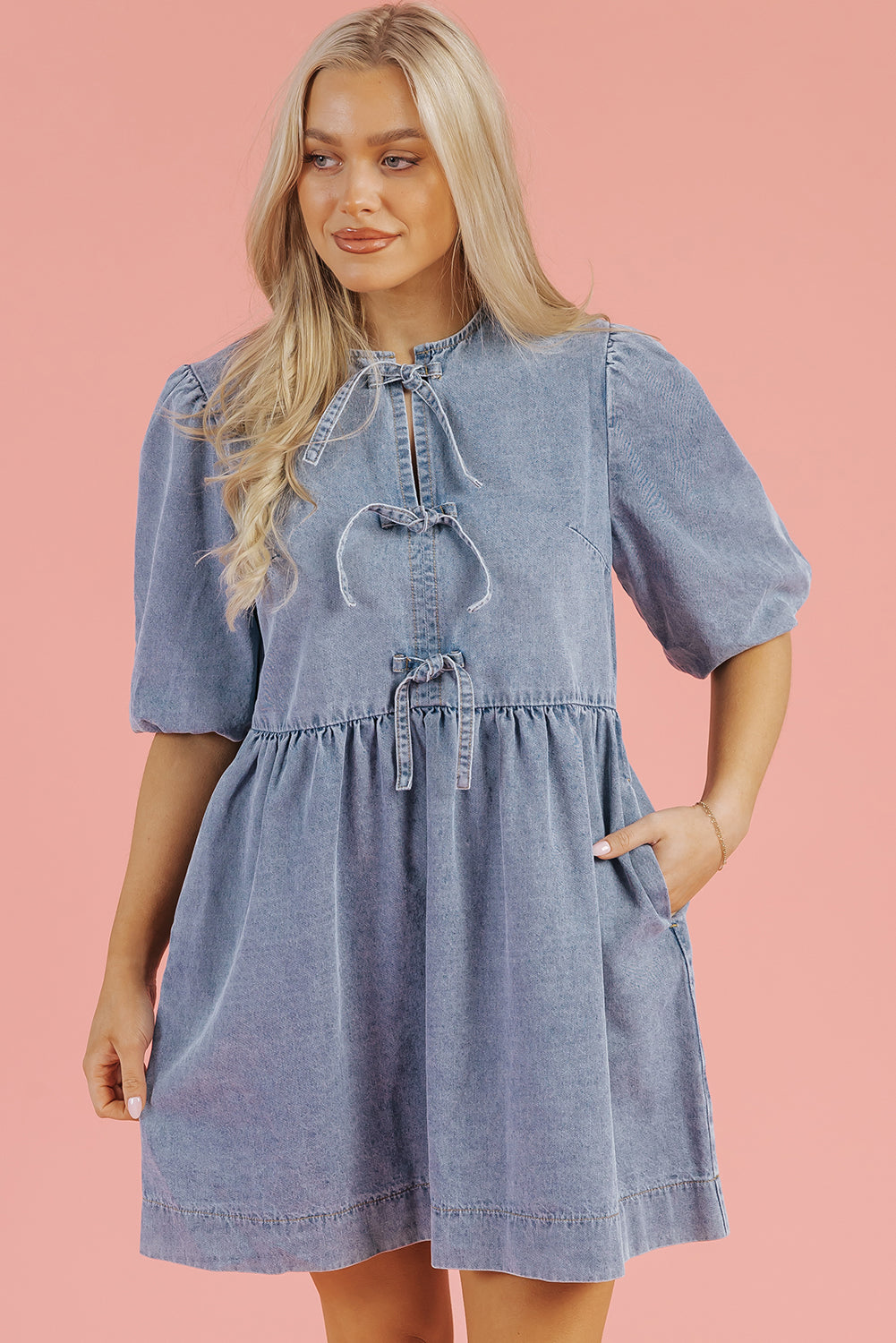 Dusk Blue Bowknot Bubble Sleeve Short Denim Dress-TOPS / DRESSES-[Adult]-[Female]-2022 Online Blue Zone Planet