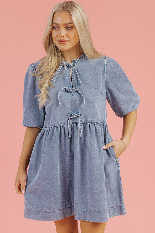 Dusk Blue Bowknot Bubble Sleeve Short Denim Dress-TOPS / DRESSES-[Adult]-[Female]-2022 Online Blue Zone Planet