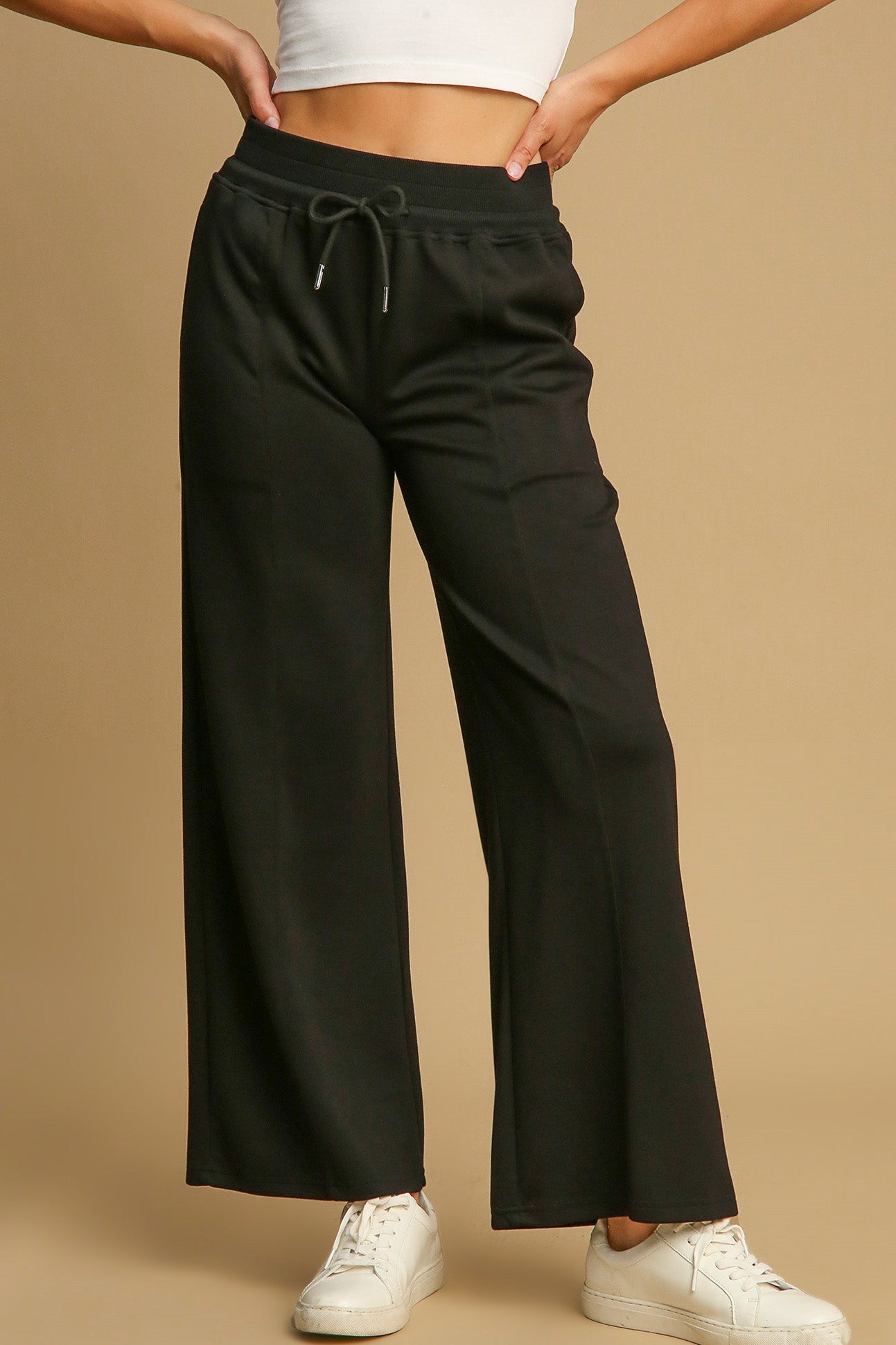 Umgee Drawstring Wide Leg Pants with Pockets-BOTTOMS SIZES SMALL MEDIUM LARGE-[Adult]-[Female]-Black-S-2022 Online Blue Zone Planet