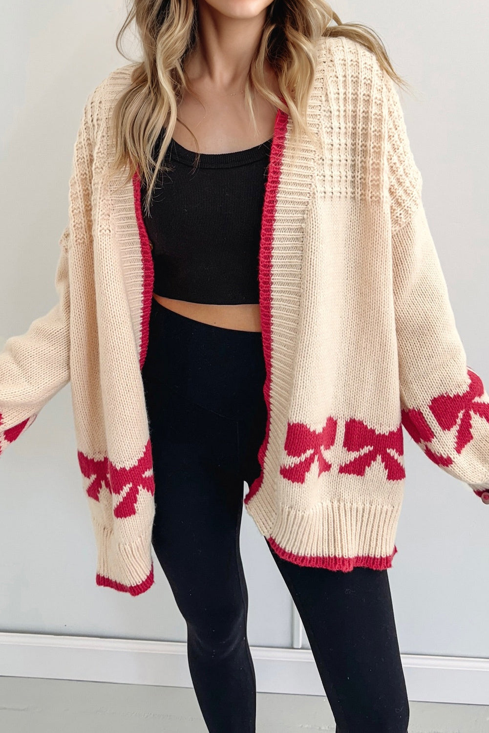 Apricot Bow Pattern Textured Open Front Baggy Cardigan-Sweaters & Cardigans/Cardigans-[Adult]-[Female]-2022 Online Blue Zone Planet