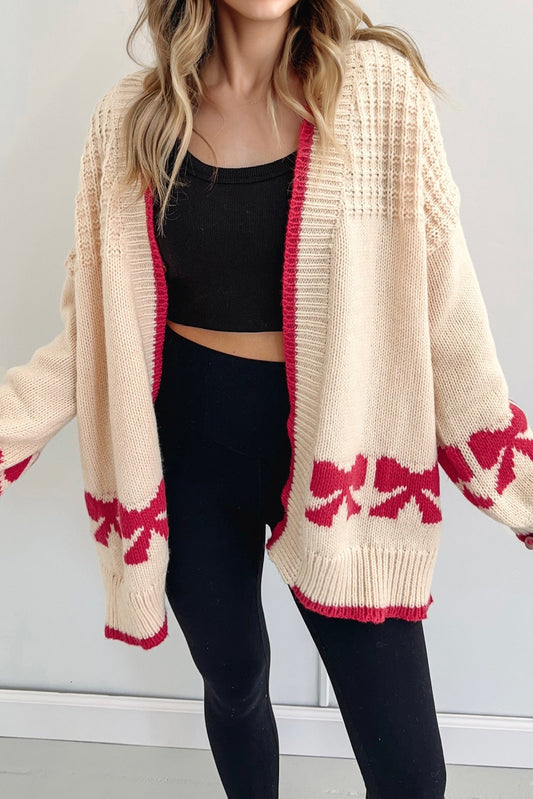 Apricot Bow Pattern Textured Open Front Baggy Cardigan-Sweaters & Cardigans/Cardigans-[Adult]-[Female]-2022 Online Blue Zone Planet