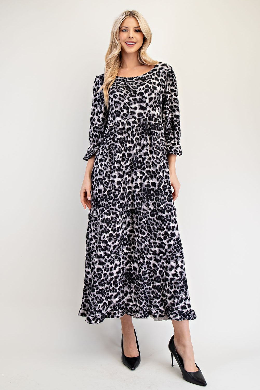 Blue Zone Planet | Celeste Full Size Leopard Round Neck Flounce Sleeve Dress-TOPS / DRESSES-[Adult]-[Female]-2022 Online Blue Zone Planet