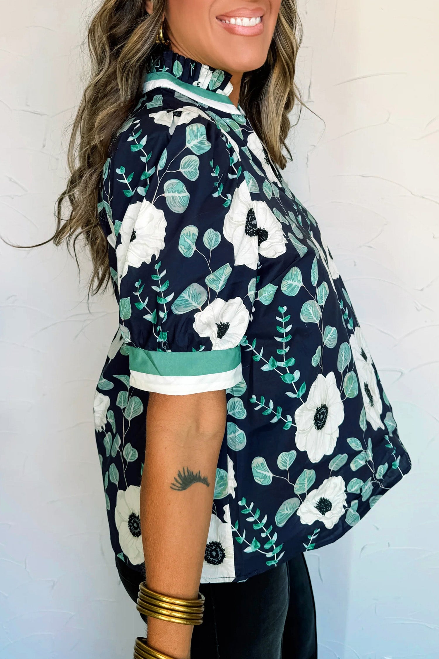 Blue Floral Print Striped Patchwork V Neck Short Sleeve Blouse-Tops/Blouses & Shirts-[Adult]-[Female]-2022 Online Blue Zone Planet