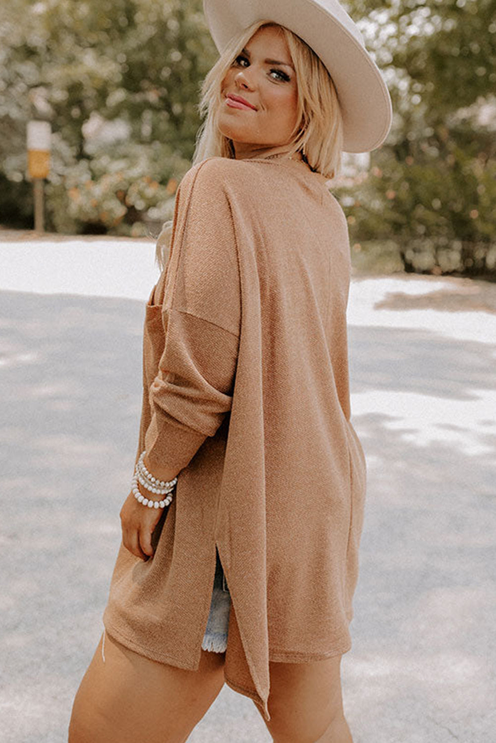 Parchment Plus Size Drop Shoulder Knit Tunic Top-Plus Size/Plus Size Tops/Plus Size Long Sleeve Tops-[Adult]-[Female]-2022 Online Blue Zone Planet