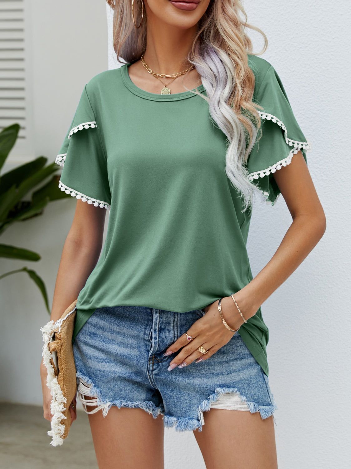 Pom-Pom Trim Flutter Sleeve Round Neck T-Shirt-TOPS / DRESSES-[Adult]-[Female]-2022 Online Blue Zone Planet