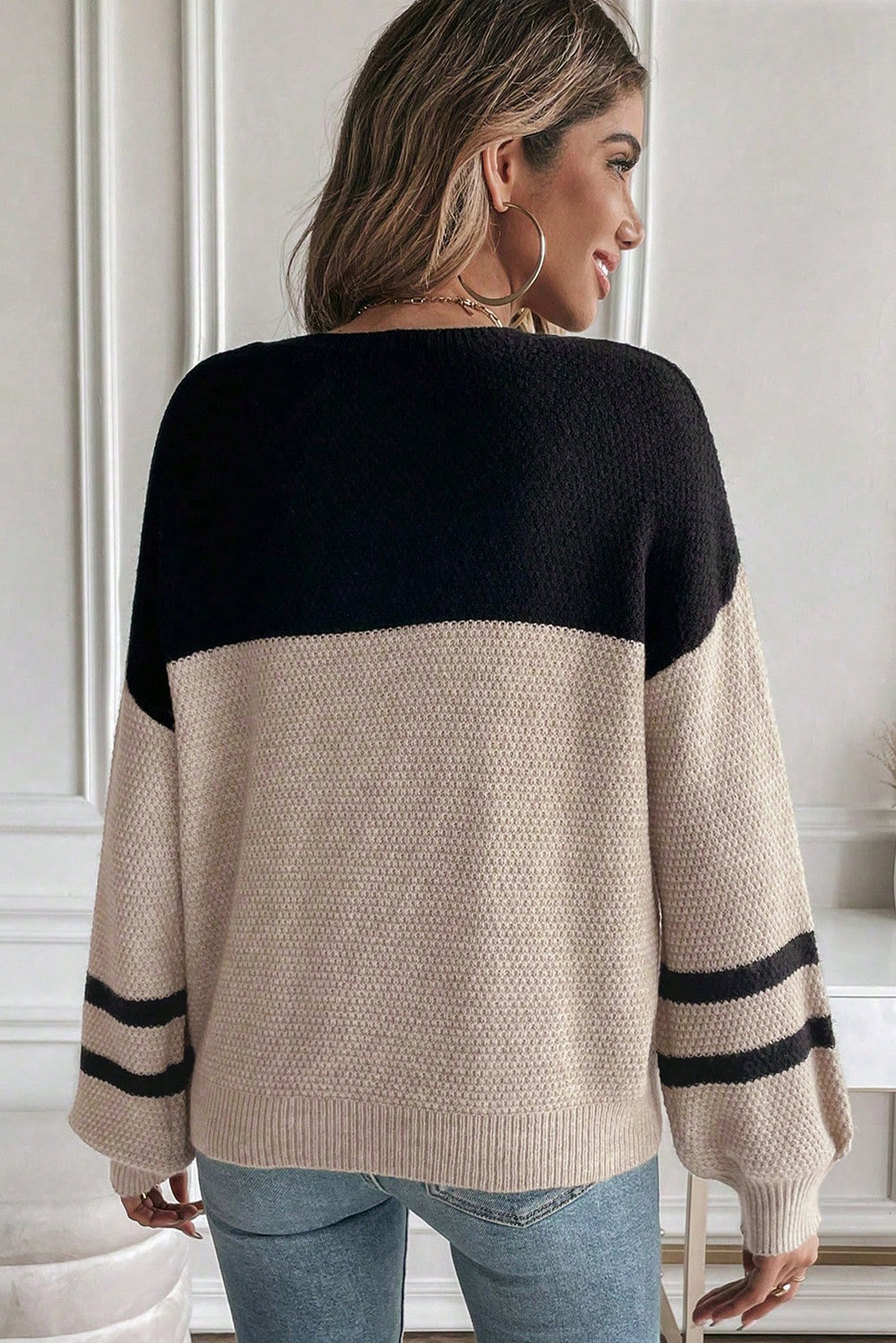 Parchment Color Block Knit Striped Sleeve Detail Casual Sweater-TOPS / DRESSES-[Adult]-[Female]-2022 Online Blue Zone Planet