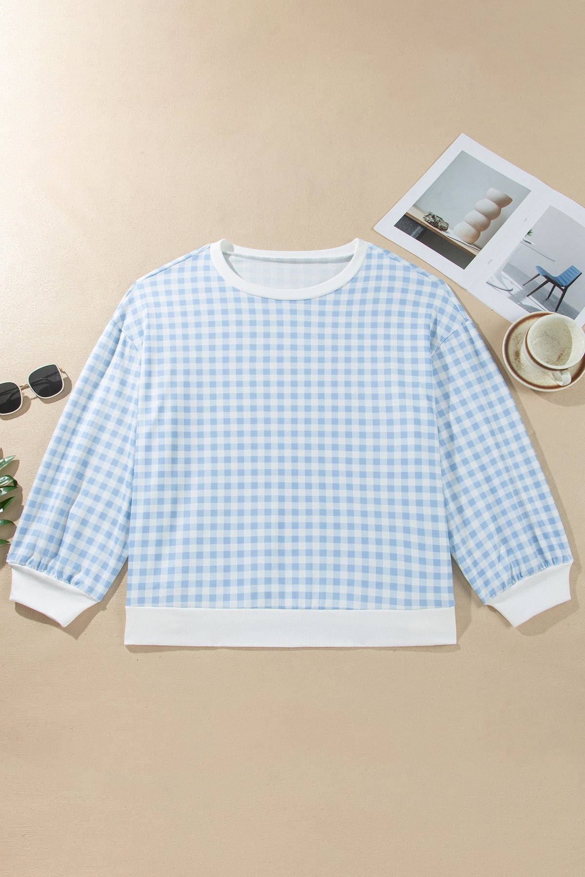 Light Blue Casual Plus Size Plaid Sweatshirt-Plus Size/Plus Size Sweatshirts & Hoodies-[Adult]-[Female]-2022 Online Blue Zone Planet
