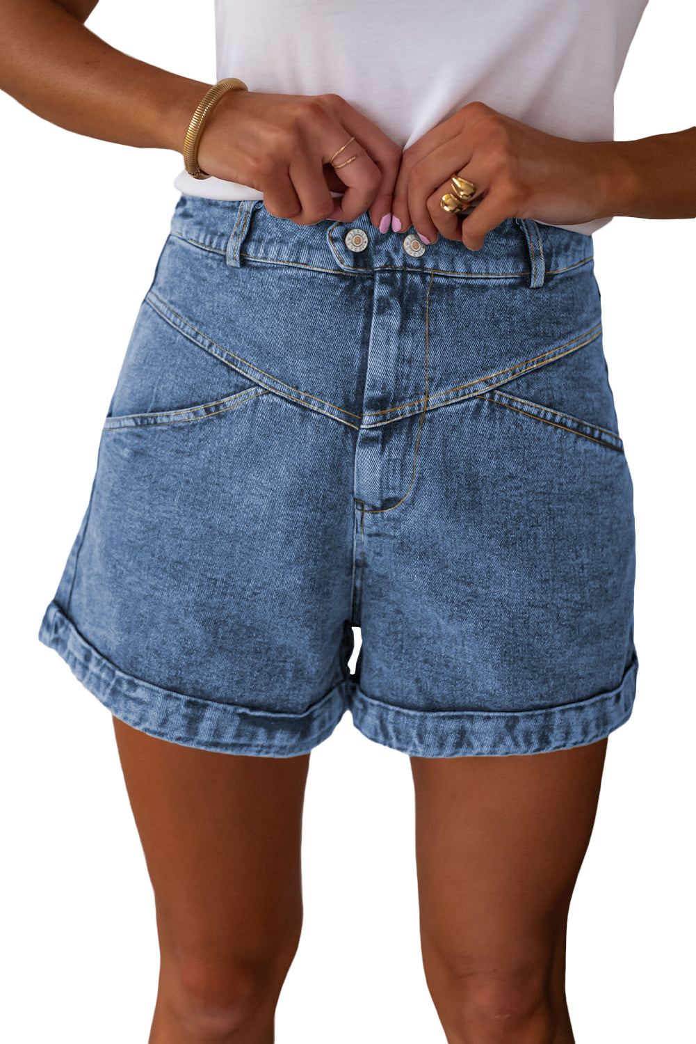 Ivy Seam Detail Pocketed Cuffed Hem Denim Shorts-Bottoms/Denim Shorts-[Adult]-[Female]-2022 Online Blue Zone Planet