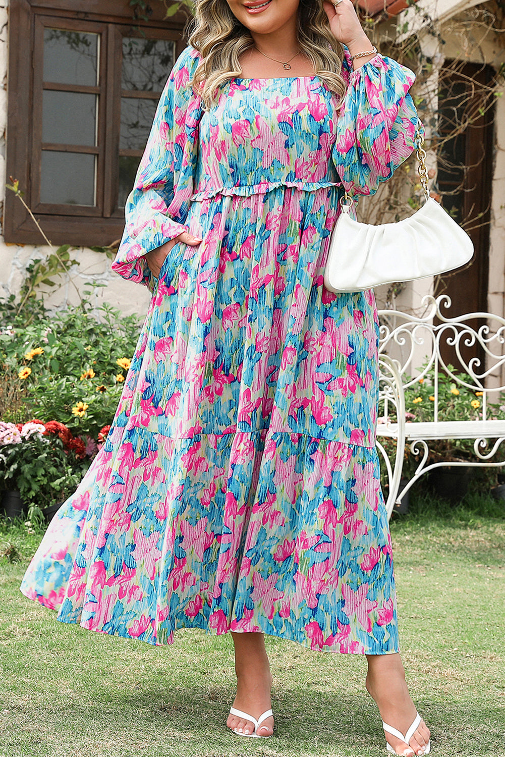 Blue Zone Planet | Sky Blue Floral Allover Print Shirred Square Neck Plus Size Maxi Dress-TOPS / DRESSES-[Adult]-[Female]-2022 Online Blue Zone Planet