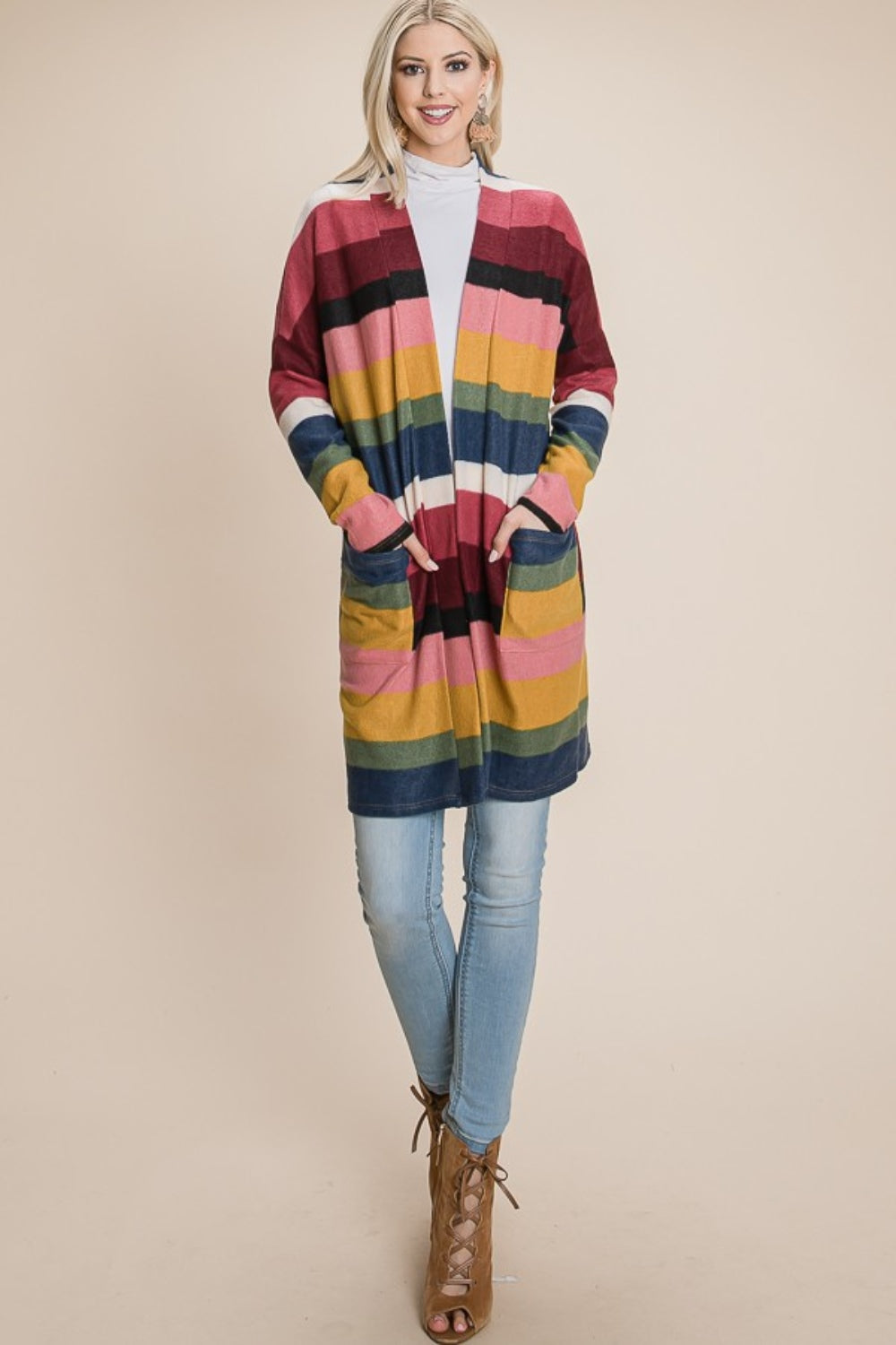 BOMBOM Color Block Striped Open Front Cardigan-TOPS / DRESSES-[Adult]-[Female]-2022 Online Blue Zone Planet