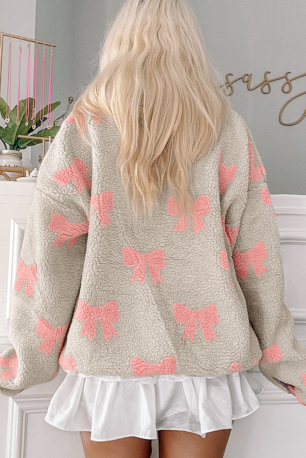 Gray Bow Sherpa Quarter Zip Drop Shoulder Baggy Sweatshirt-Tops/Sweatshirts & Hoodies-[Adult]-[Female]-2022 Online Blue Zone Planet