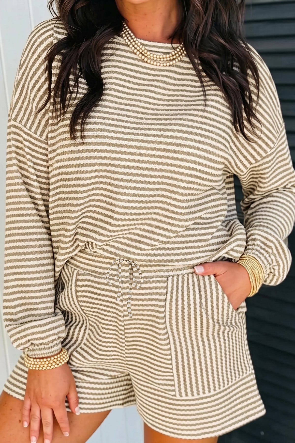 Brown Stripe Textured Knit Long Sleeve Top Elastic Waist Shorts Casual Outfit-Two Piece Sets/Short Sets-[Adult]-[Female]-2022 Online Blue Zone Planet