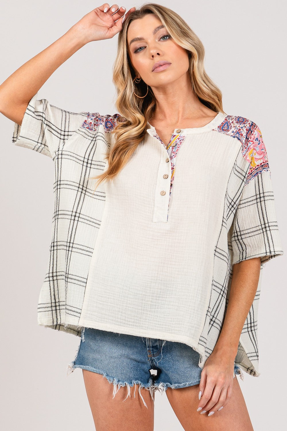 Blue Zone Planet | SAGE + FIG Plaid Half Button Gauze Top-TOPS / DRESSES-[Adult]-[Female]-2022 Online Blue Zone Planet