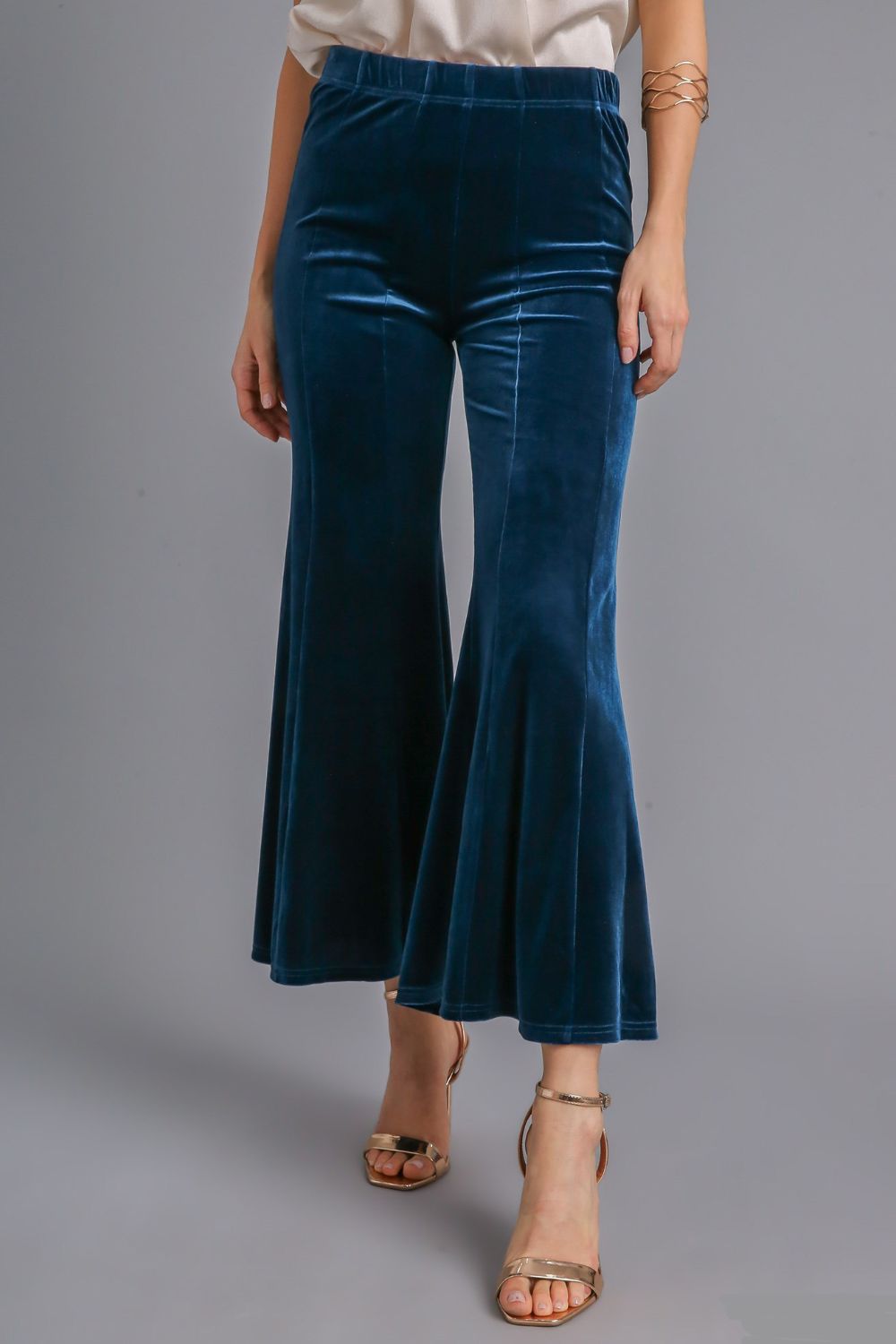 Umgee High Rise Elastic Waist Flare Pants-BOTTOMS SIZES SMALL MEDIUM LARGE-[Adult]-[Female]-Peacock Blue-S-2022 Online Blue Zone Planet