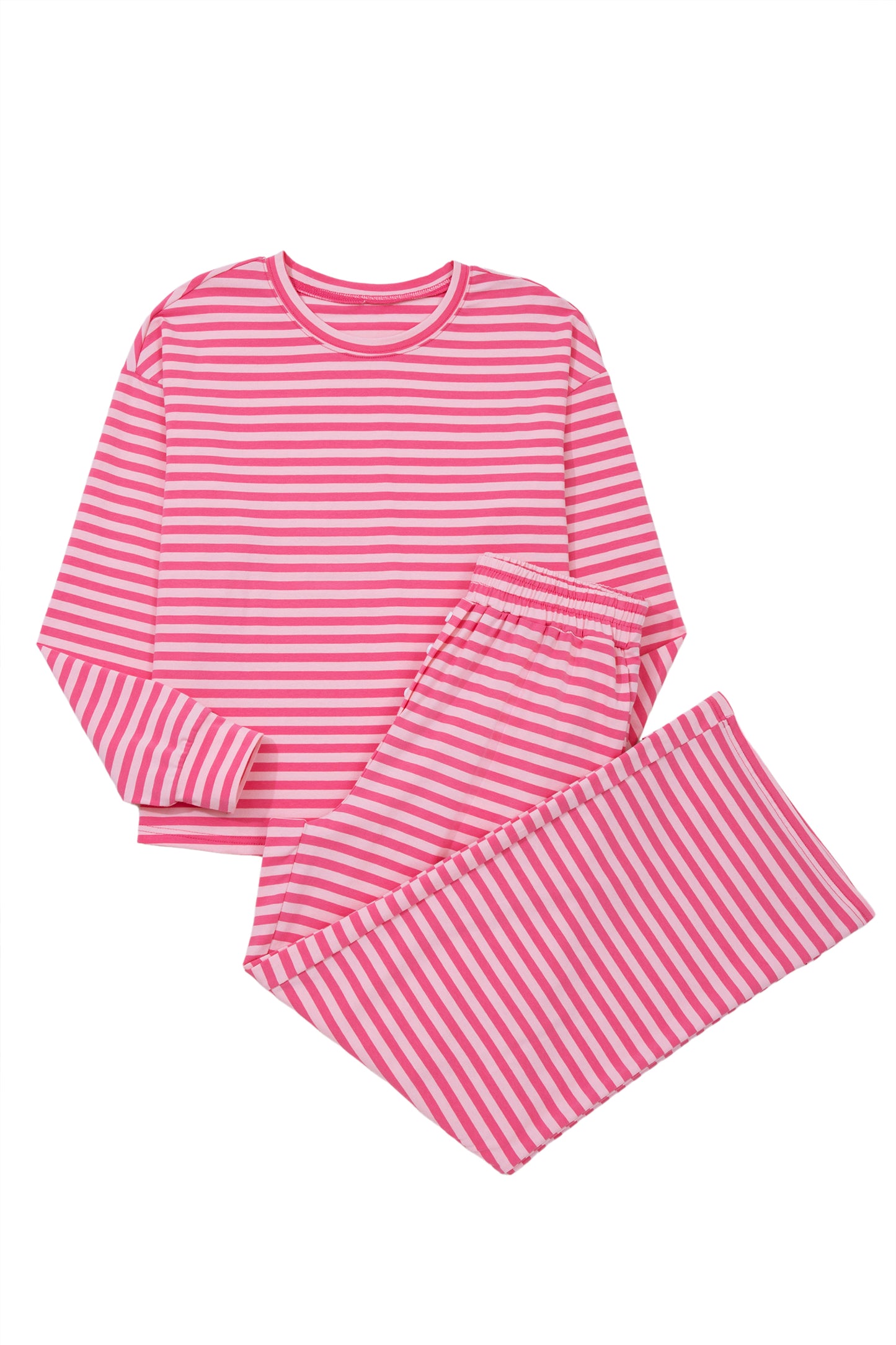 Rose Stripe Drop Shoulder Round Neck Top and Buttoned Straight Pants Two Piece Set-Two Piece Sets/Pant Sets-[Adult]-[Female]-2022 Online Blue Zone Planet