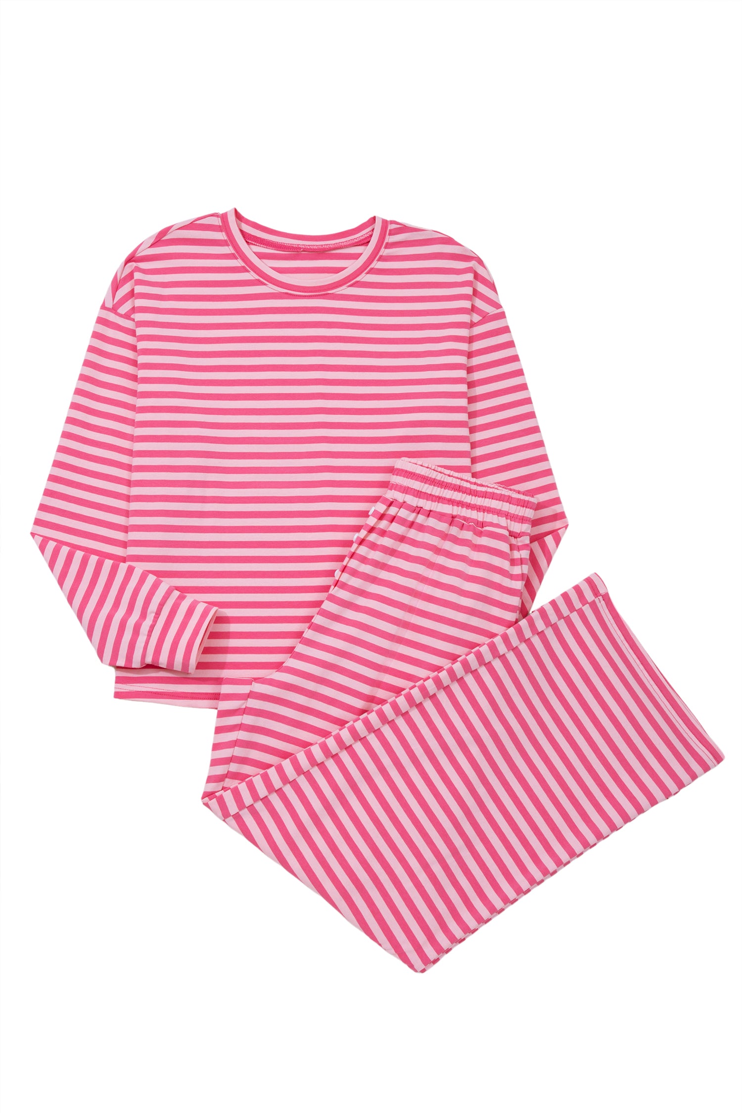 Rose Stripe Drop Shoulder Round Neck Top and Buttoned Straight Pants Two Piece Set-Two Piece Sets/Pant Sets-[Adult]-[Female]-2022 Online Blue Zone Planet