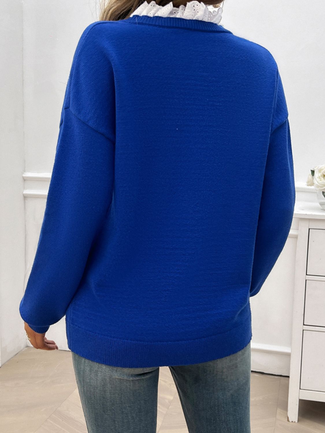 Lace Detail Notched Long Sleeve Sweater-TOPS / DRESSES-[Adult]-[Female]-2022 Online Blue Zone Planet