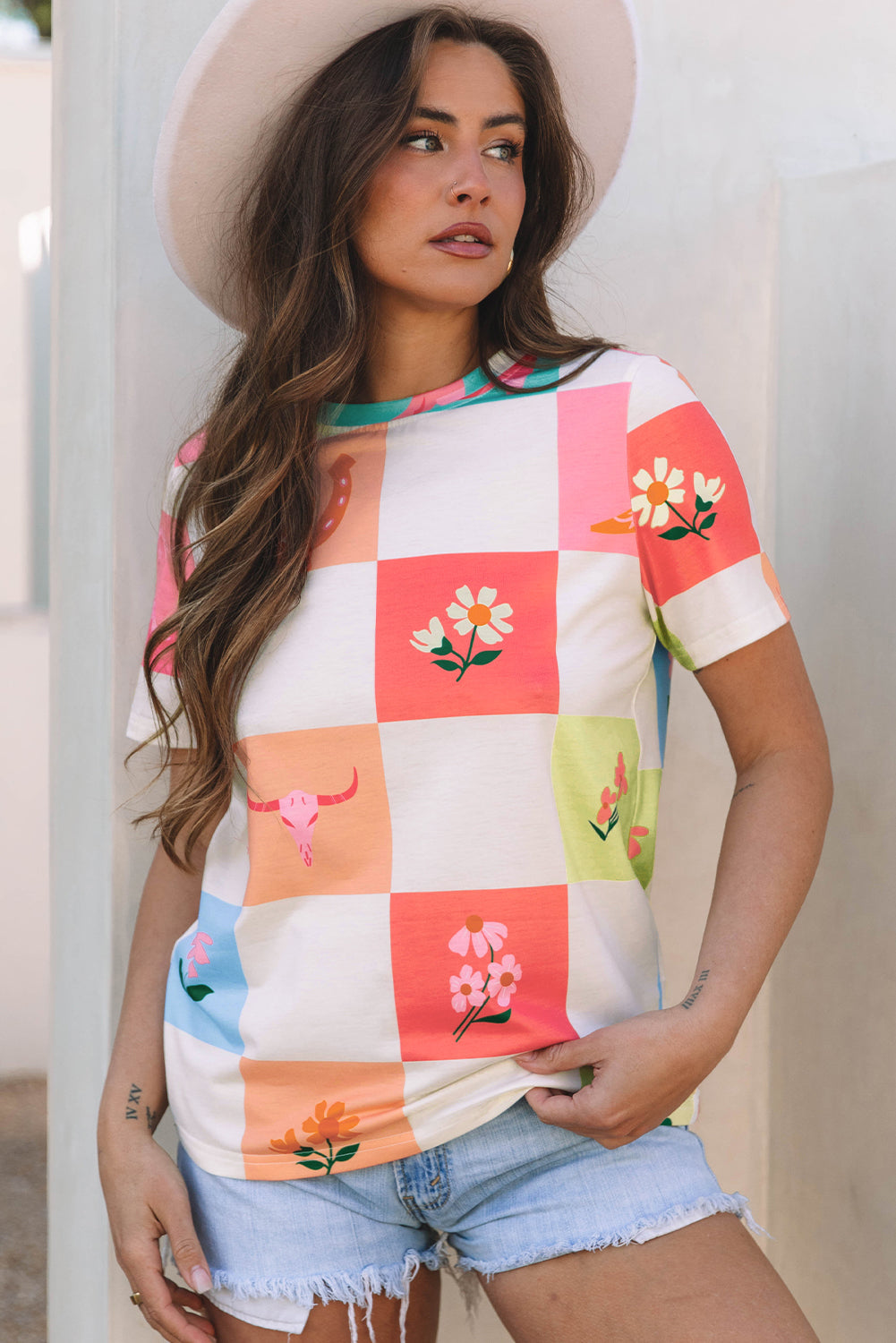 Orange Western Fashion Checker Print Crewneck T Shirt-Tops/Tops & Tees-[Adult]-[Female]-2022 Online Blue Zone Planet