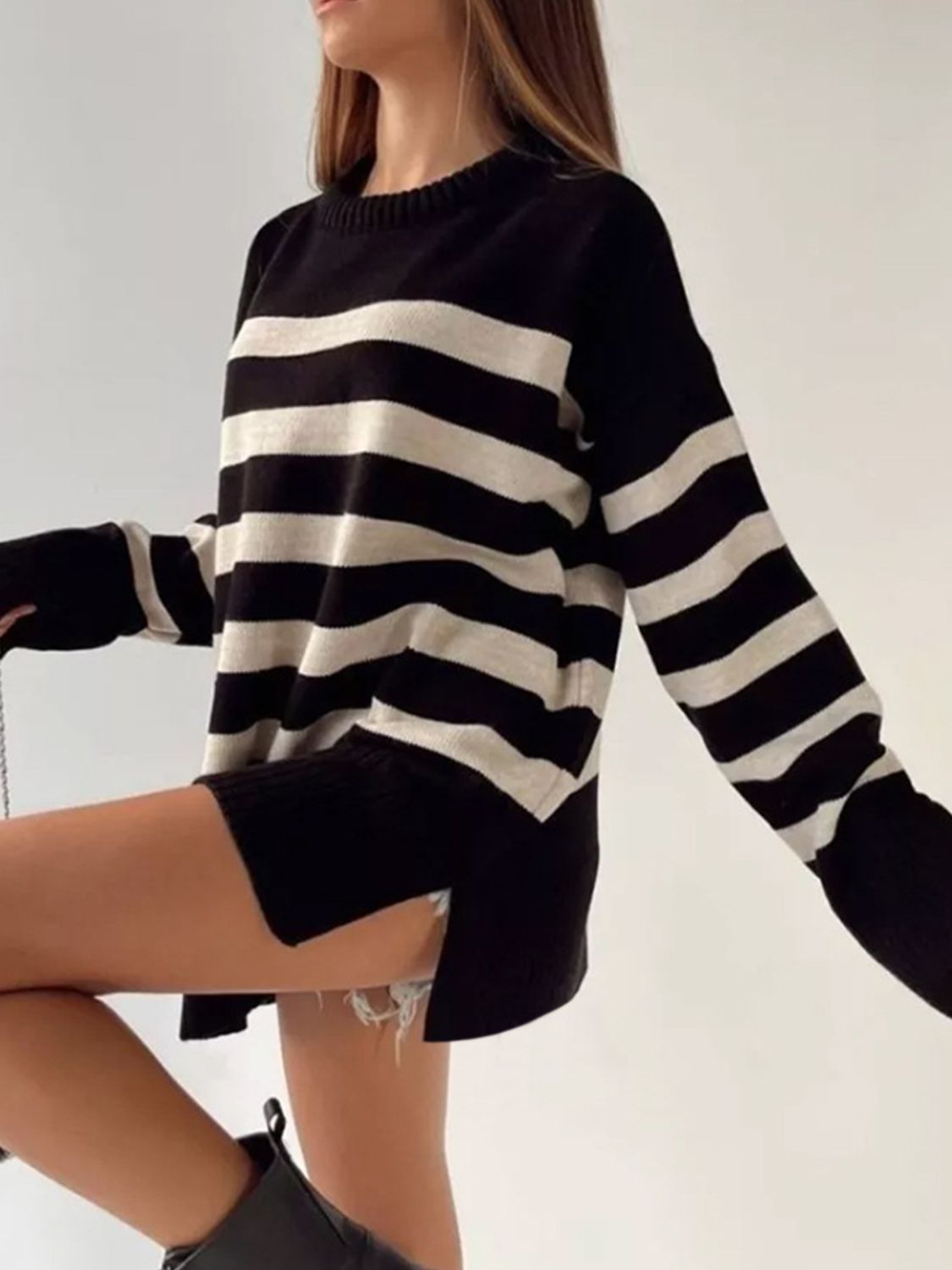 Slit Striped Round Neck Sweater-TOPS / DRESSES-[Adult]-[Female]-Black-S-2022 Online Blue Zone Planet