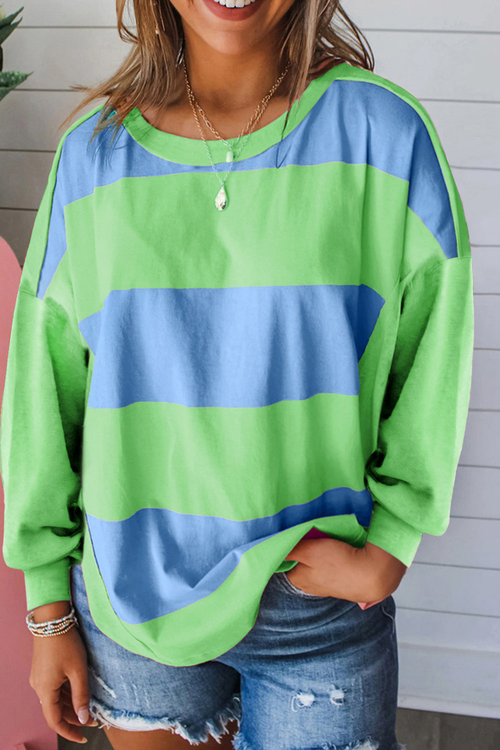 Color Block Round Neck Long Sleeve Top-TOPS / DRESSES-[Adult]-[Female]-Neon Green-S-2022 Online Blue Zone Planet