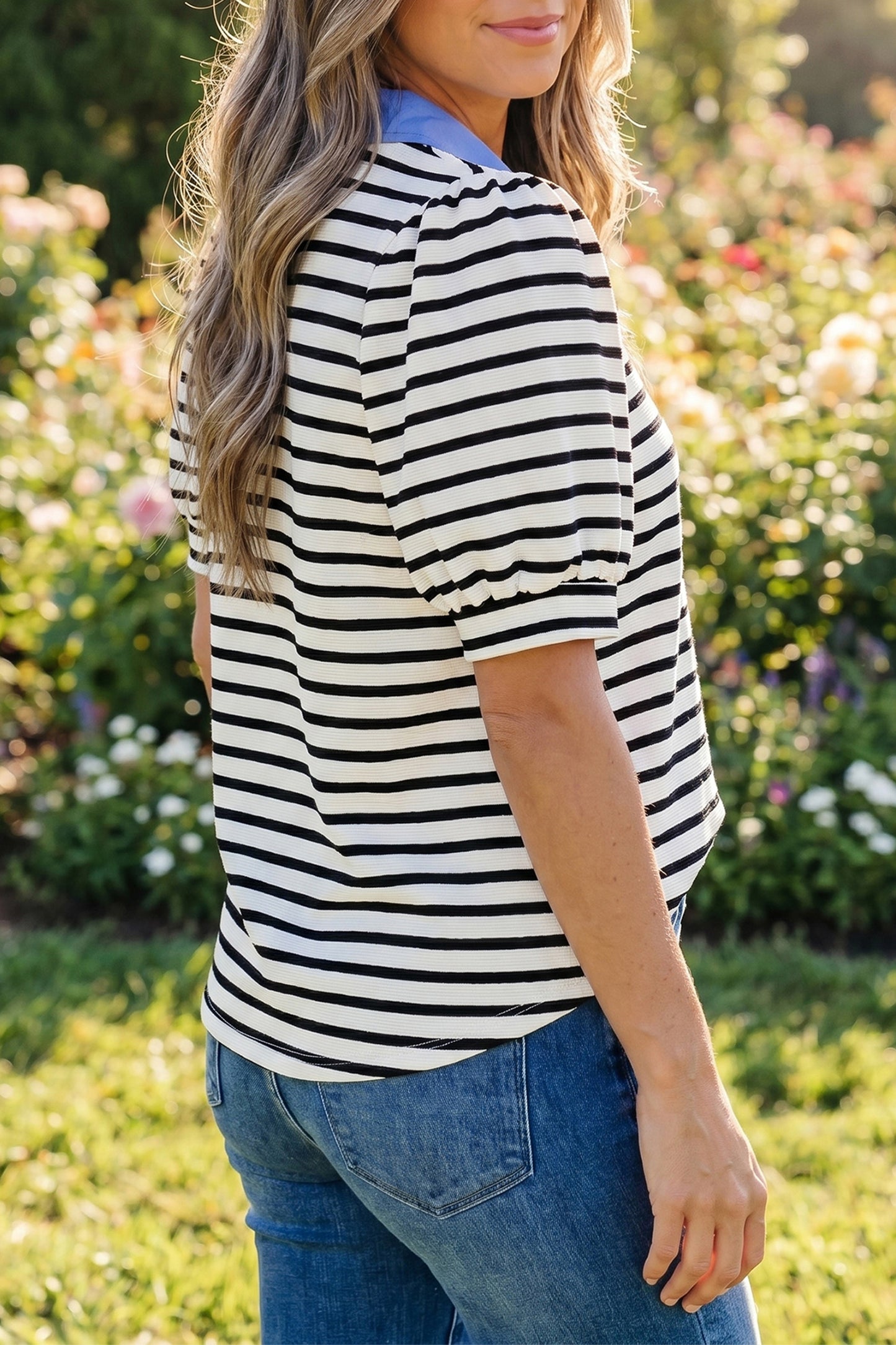 Blue Stripe Short Puff Sleeve Color Block Polo Collar Blouse-Tops/Blouses & Shirts-[Adult]-[Female]-2022 Online Blue Zone Planet
