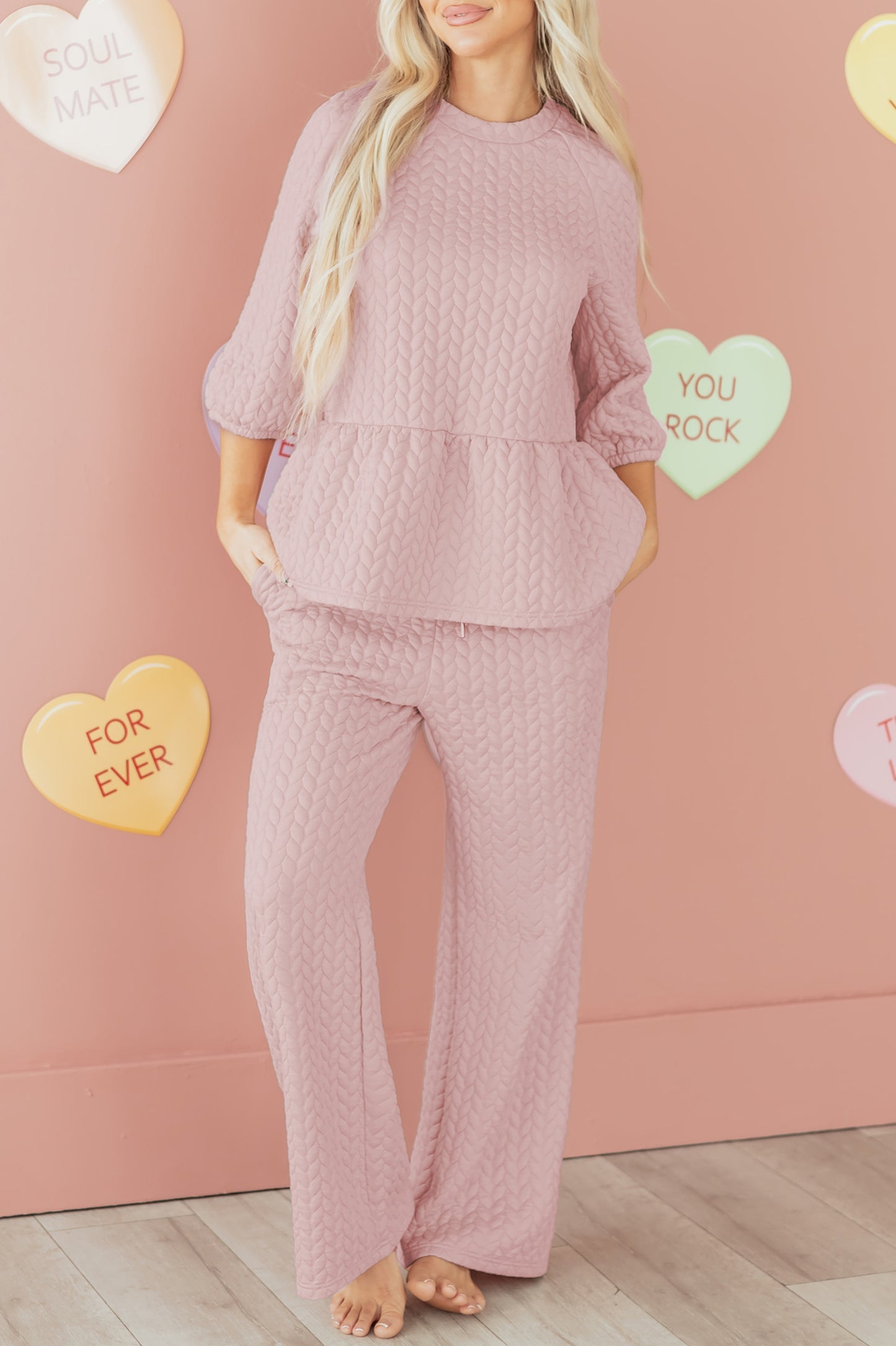 Delicacy Braided Texture Ruffle Hem Top Drawstring Loose Pants Set-Two Piece Sets/Pant Sets-[Adult]-[Female]-2022 Online Blue Zone Planet