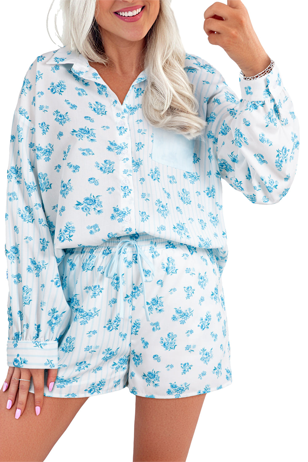 Sky Blue Floral Striped Print Contrast Patched Pocket Shirt and Shorts Set-Two Piece Sets/Short Sets-[Adult]-[Female]-2022 Online Blue Zone Planet