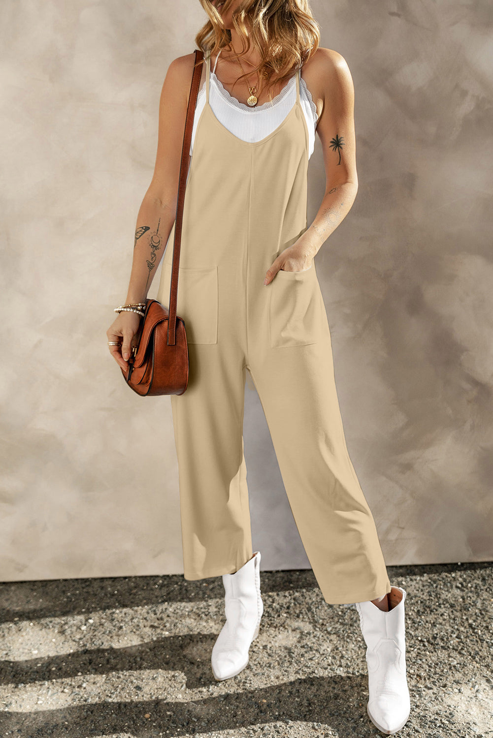 Pocketed Spaghetti Strap Wide Leg Jumpsuit-TOPS / DRESSES-[Adult]-[Female]-Khaki-S-2022 Online Blue Zone Planet