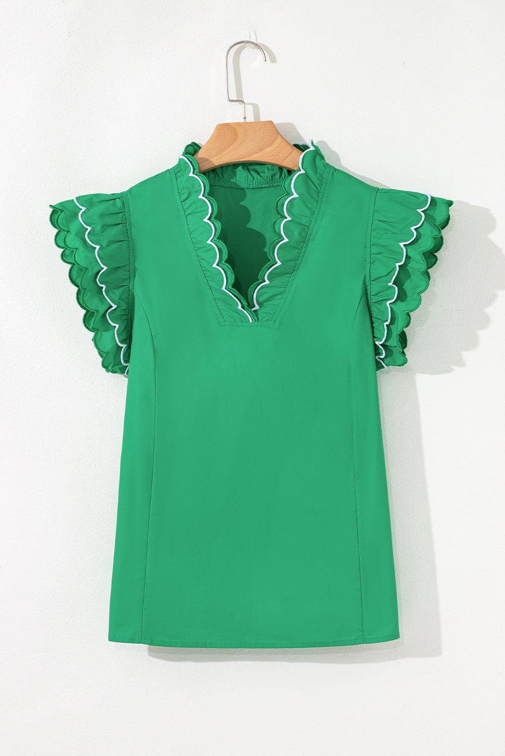 Bright Green Contrast Scallop Trim Layered Short Sleeve V Neck Blouse-Tops/Blouses & Shirts-[Adult]-[Female]-2022 Online Blue Zone Planet