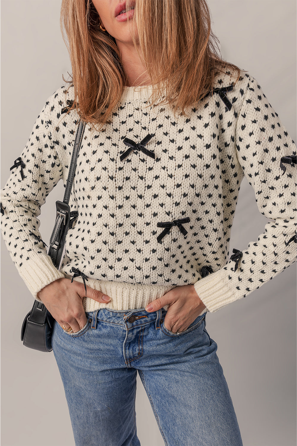 Beige Bow Decor Color Contrast Ribbed Edge Crew Neck Sweater-Sweaters & Cardigans/Sweaters-[Adult]-[Female]-Beige-S-2022 Online Blue Zone Planet