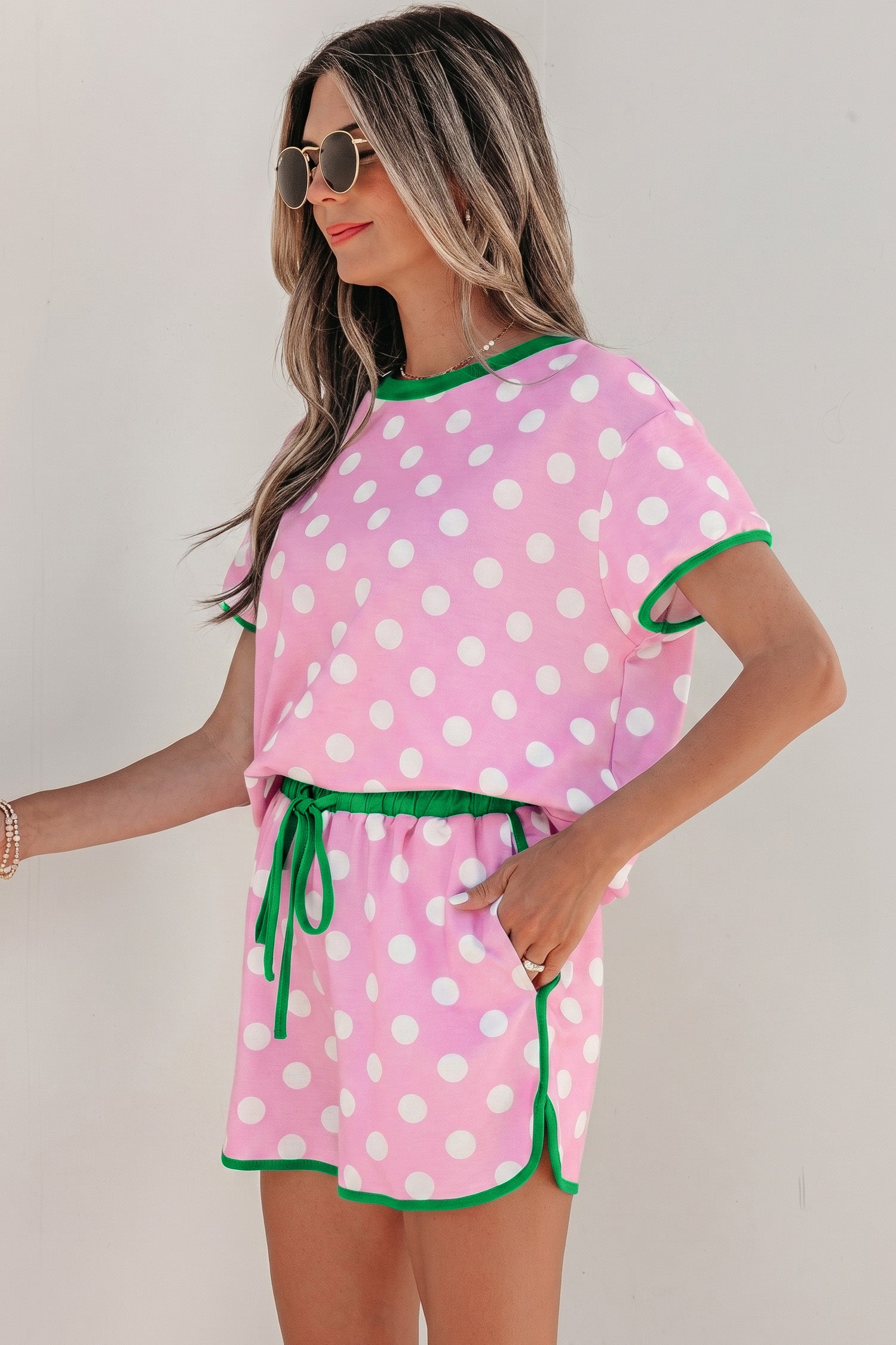 Pink Polka Dot Contrast Edge Casual Short Set-Two Piece Sets/Short Sets-[Adult]-[Female]-2022 Online Blue Zone Planet