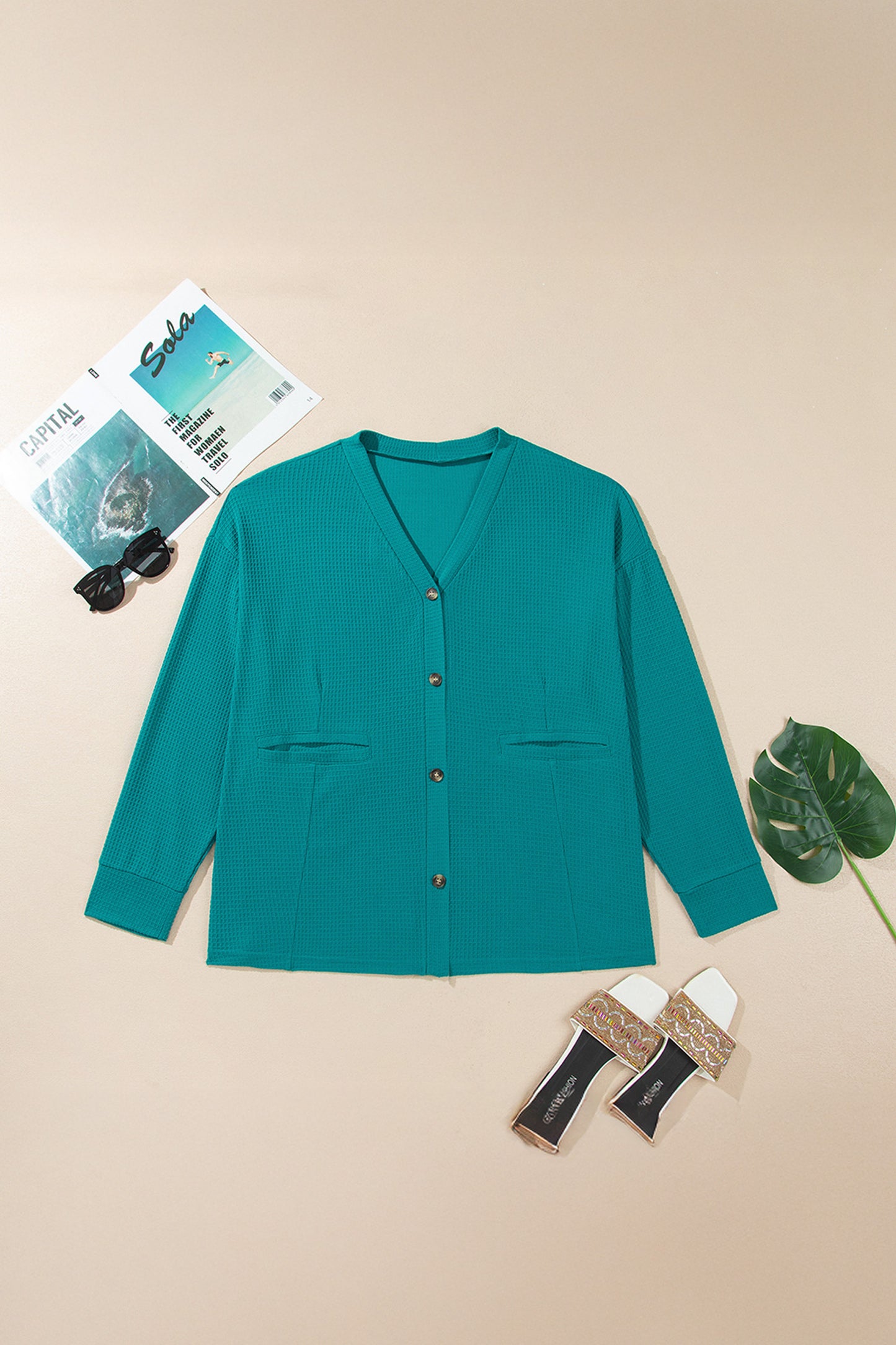 Lapis V Neck Waffle Textured Button Front Tunic Long Sleeve Plus Size Cardigan-Plus Size/Plus Size Outerwear-[Adult]-[Female]-2022 Online Blue Zone Planet