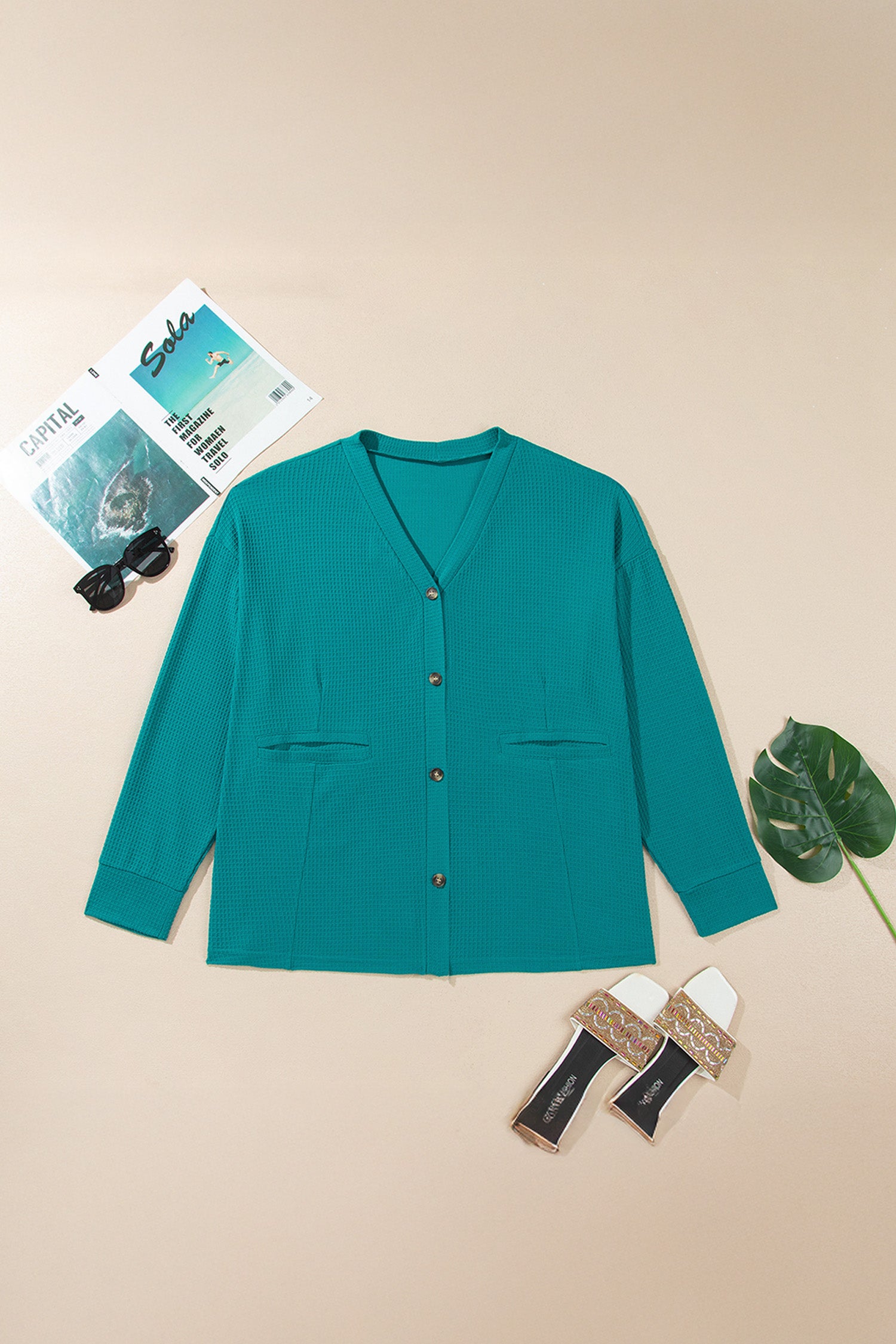 Lapis V Neck Waffle Textured Button Front Tunic Long Sleeve Plus Size Cardigan-Plus Size/Plus Size Outerwear-[Adult]-[Female]-2022 Online Blue Zone Planet