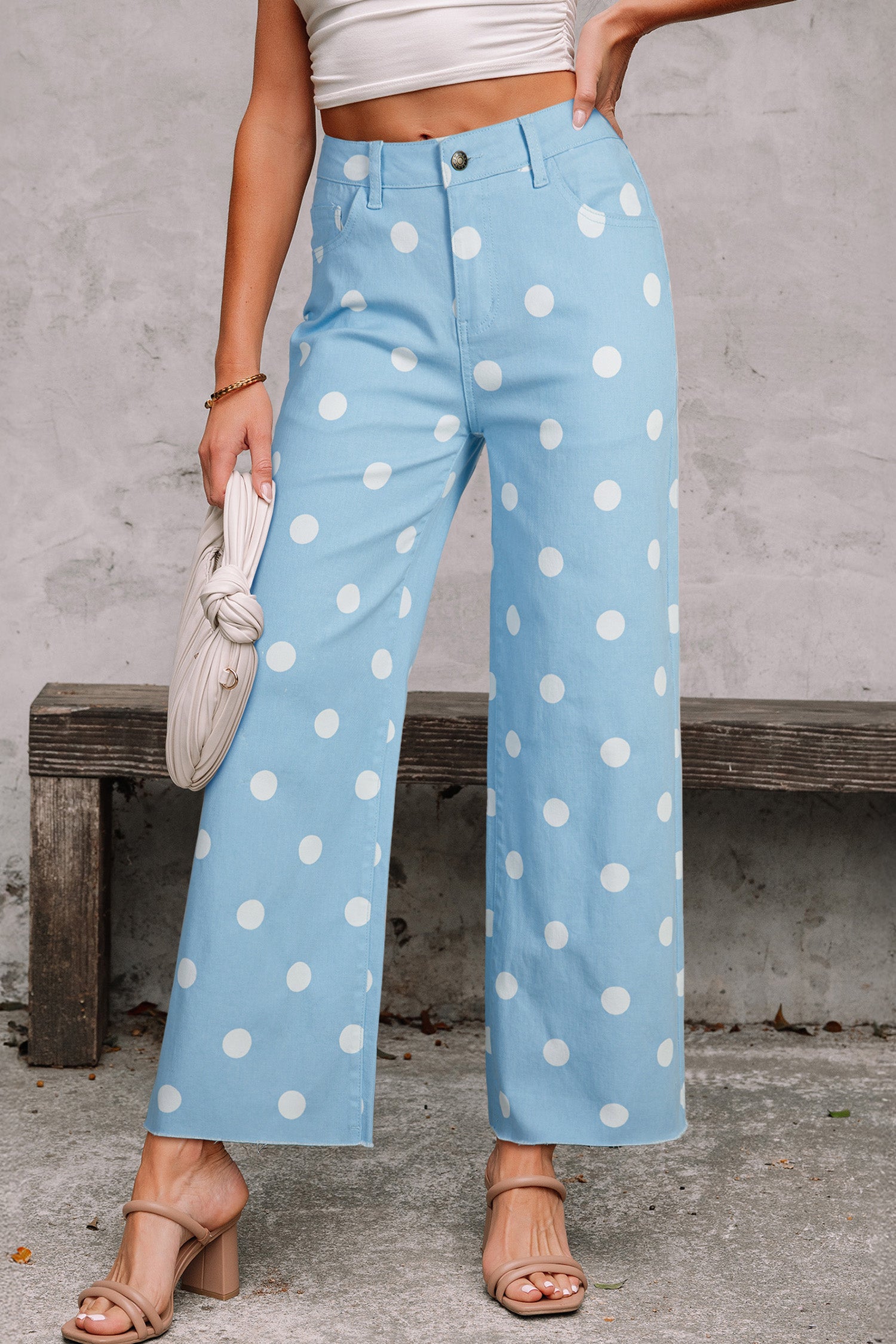 Sky Blue Polka Dot Print Raw Hem Shift Jeans-Bottoms/Jeans-[Adult]-[Female]-Sky Blue-4-2022 Online Blue Zone Planet