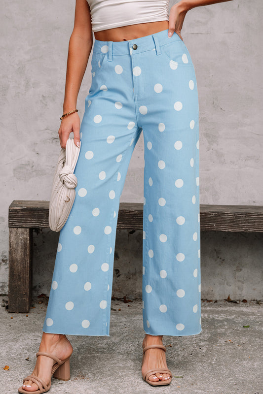 Sky Blue Polka Dot Print Raw Hem Shift Jeans-Bottoms/Jeans-[Adult]-[Female]-Sky Blue-4-2022 Online Blue Zone Planet