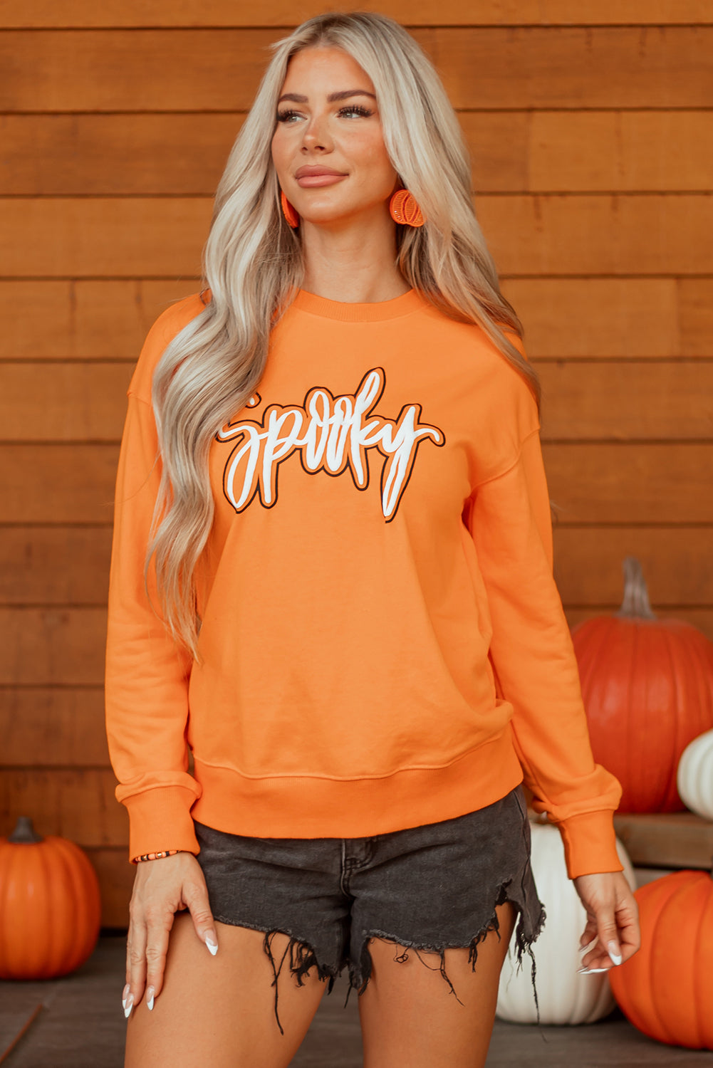 Grapefruit Orange Spooky Graphic Halloween Crew Neck Holiday Sweatshirt-Tops/Sweatshirts & Hoodies-[Adult]-[Female]-2022 Online Blue Zone Planet