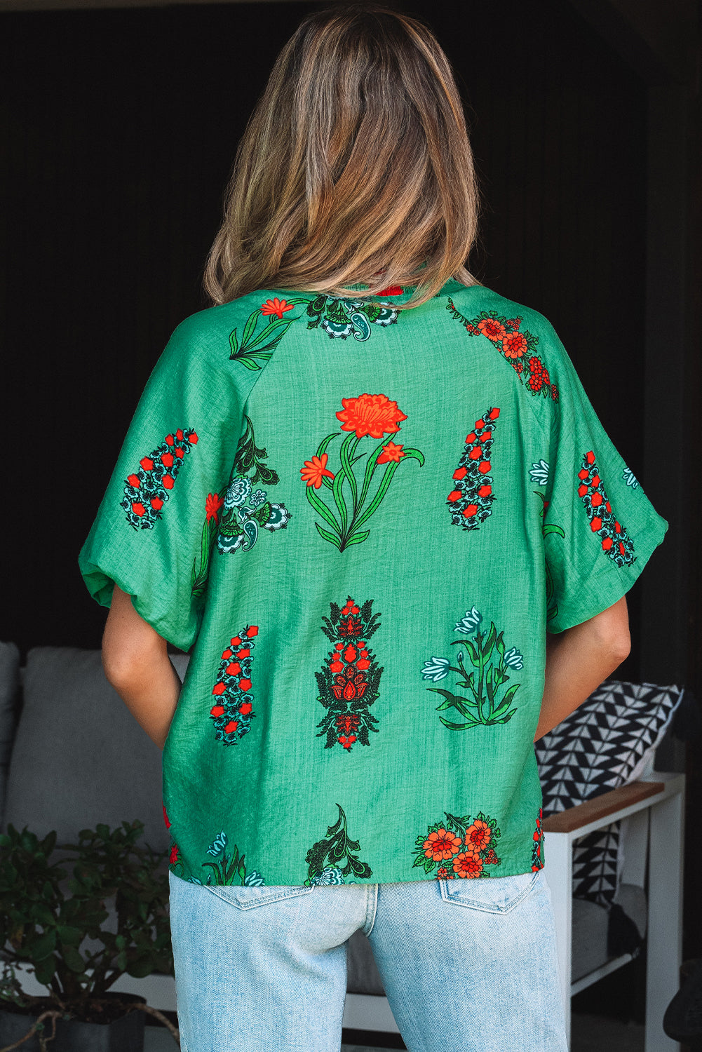 Bright Green Floral Print Buttoned V Neck Short Sleeve Blouse-Tops/Blouses & Shirts-[Adult]-[Female]-2022 Online Blue Zone Planet