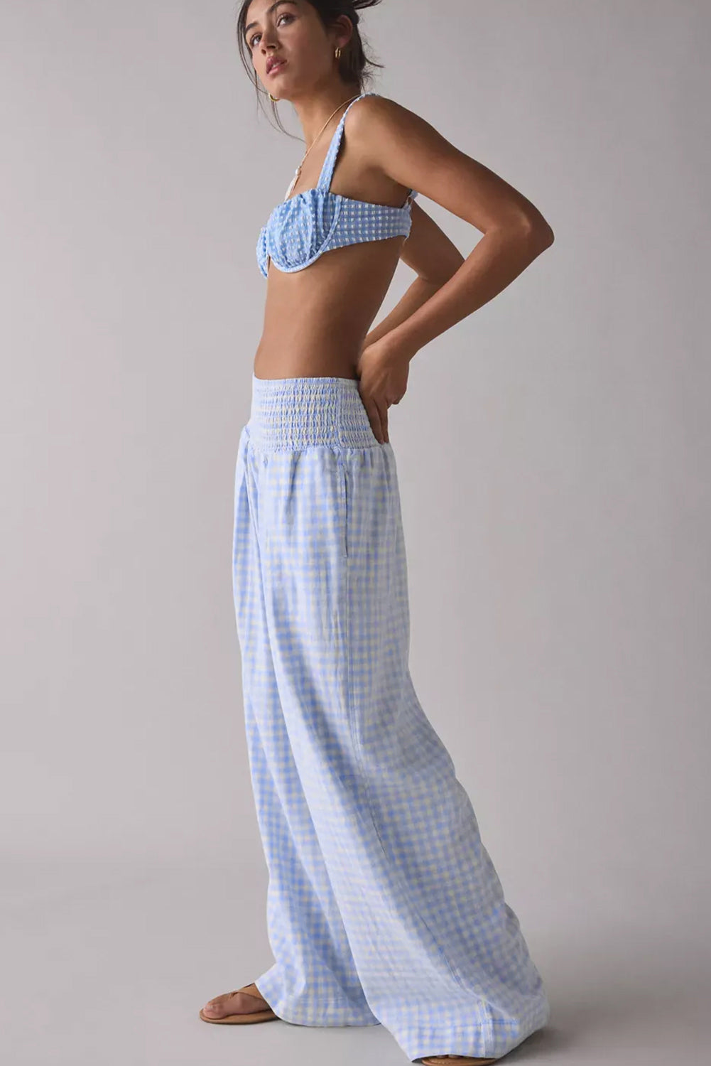 Myosotis Plaid Print Smocked High Waist Womens Loose Pants-Bottoms/Pants & Culotte-[Adult]-[Female]-2022 Online Blue Zone Planet