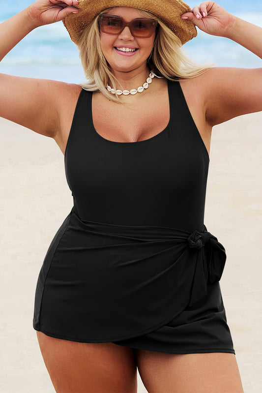 Black Solid Color Square Neck Knotted Plus Size One Piece Swimsuit-Plus Size/Plus Size Swimwear-[Adult]-[Female]-Black-1X-2022 Online Blue Zone Planet