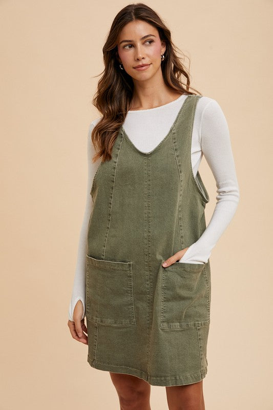 Annie Wear V-Neck Adjustable Strap Denim Overall Dress with Pockets-TOPS / DRESSES-[Adult]-[Female]-Army Green-S-2022 Online Blue Zone Planet