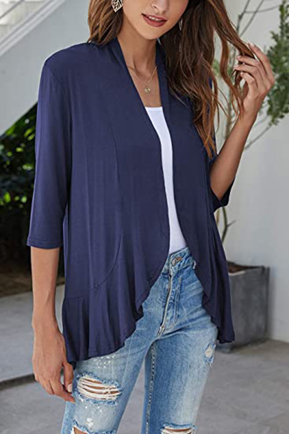 Open Front Three-Quarter Sleeve Cardigan-TOPS / DRESSES-[Adult]-[Female]-Dusty Blue-S-2022 Online Blue Zone Planet