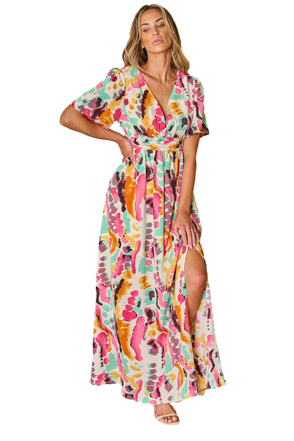 Blue Zone Planet | Pink Boho Tie-dye Print V Neck Maxi Dress-TOPS / DRESSES-[Adult]-[Female]-2022 Online Blue Zone Planet