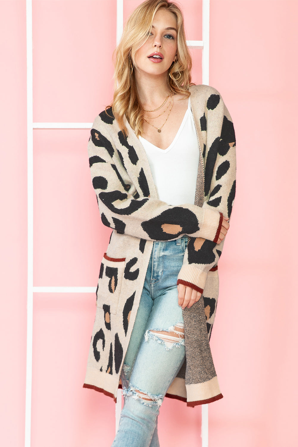 Blue Zone Planet | Leopard Print Open Front Pockets Midi Cardigan-Cardigans-[Adult]-[Female]-2022 Online Blue Zone Planet