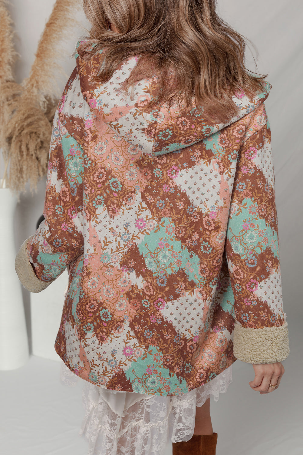 Khaki Vintage Floral Printed Sherpa Lined Hooded Jacket-Tops / Dresses-[Adult]-[Female]-2022 Online Blue Zone Planet