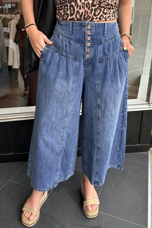 Dusk Blue High Rise Buttons Pleated Cropped Wide Leg Denim Pants-Bottoms/Jeans-[Adult]-[Female]-Dusk Blue-4-2022 Online Blue Zone Planet