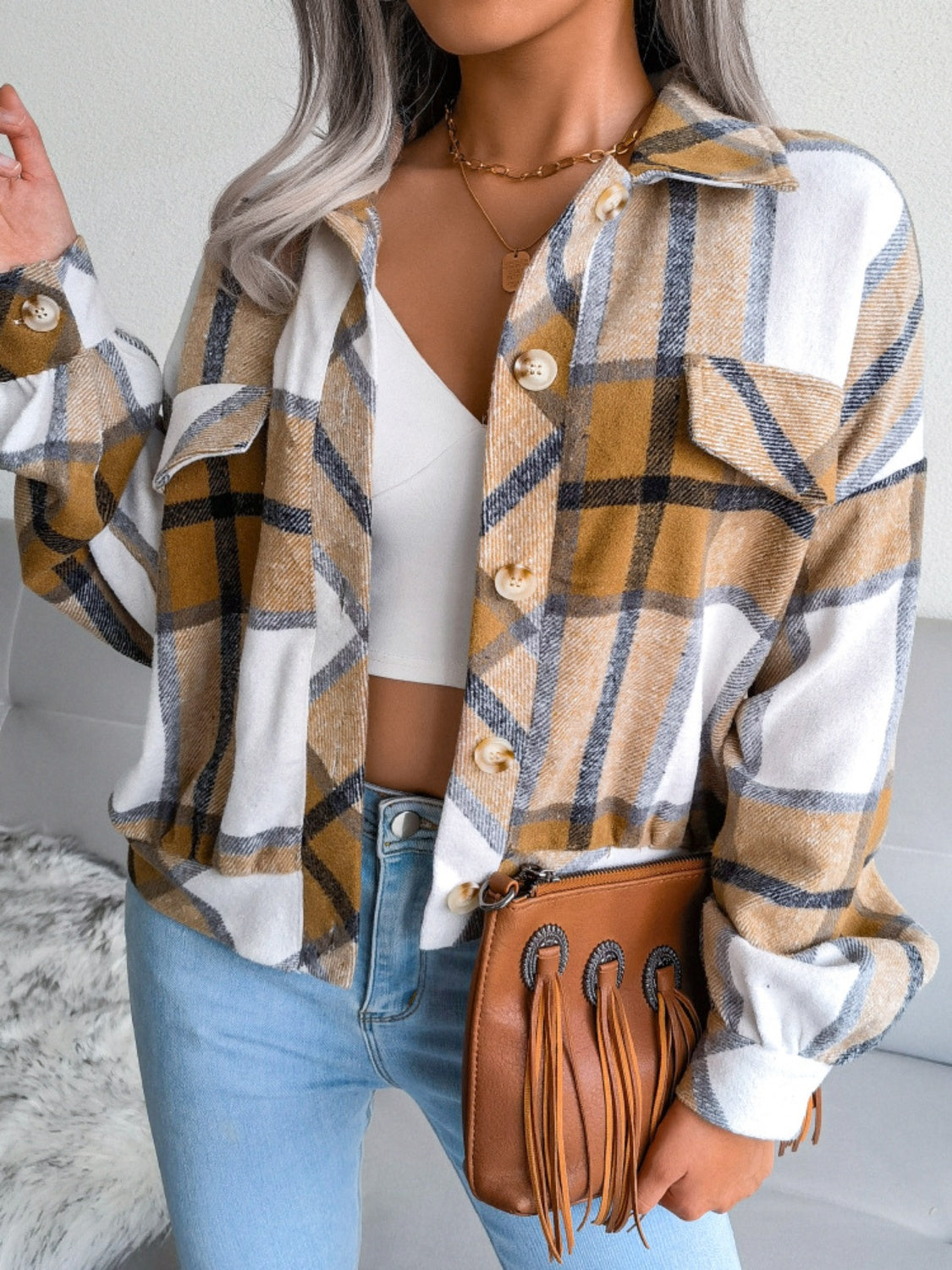 Plaid Collared Neck Long Sleeve Jacket-TOPS / DRESSES-[Adult]-[Female]-2022 Online Blue Zone Planet