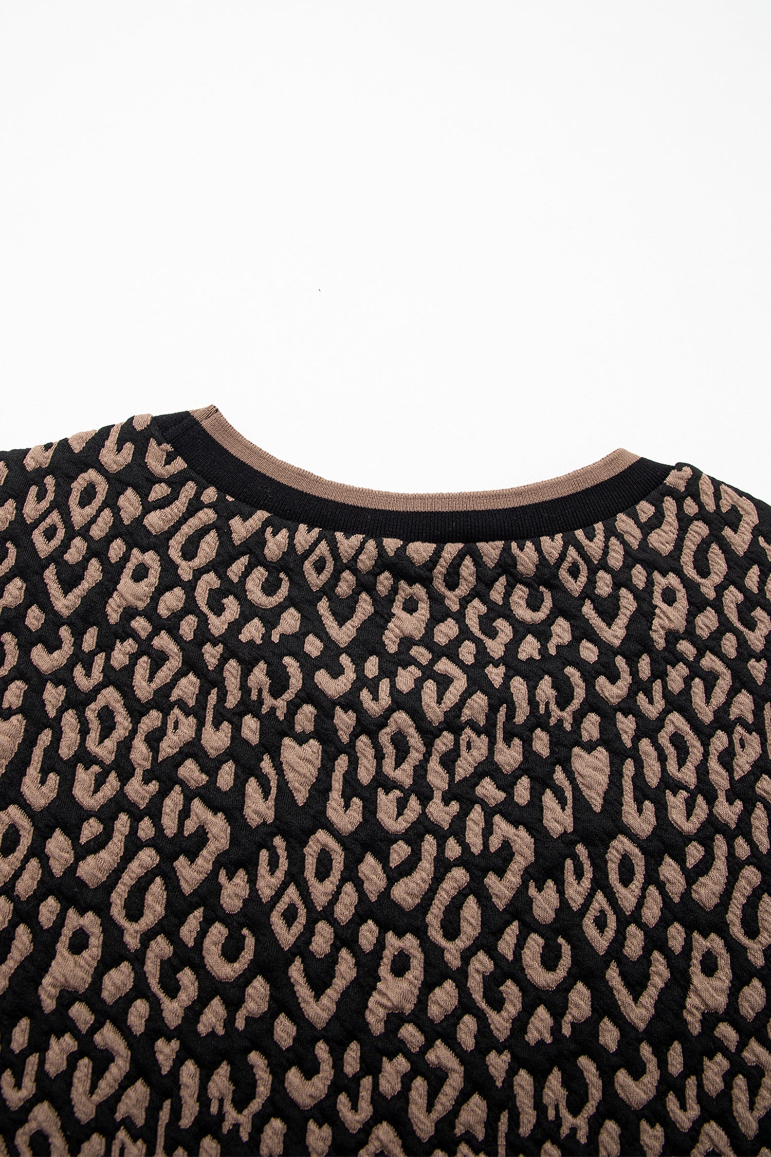 Black Leopard Print Puffy Bracelet Sleeve Contrast Trim Round Neck Top-Tops/Blouses & Shirts-[Adult]-[Female]-2022 Online Blue Zone Planet