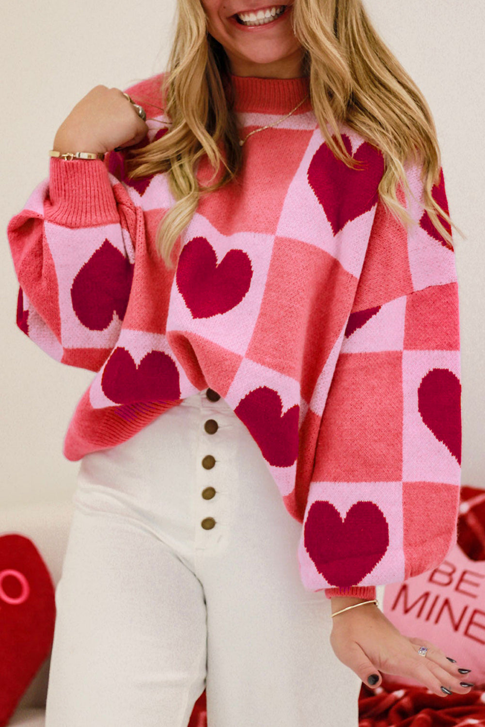 Blue Zone Planet | Pink Plus Size Love Heart Block Mock Neck Lantern Sleeve Valentine Sweater-Plus Size/Plus Size Sweaters & Cardigans-[Adult]-[Female]-Pink-1X-2022 Online Blue Zone Planet