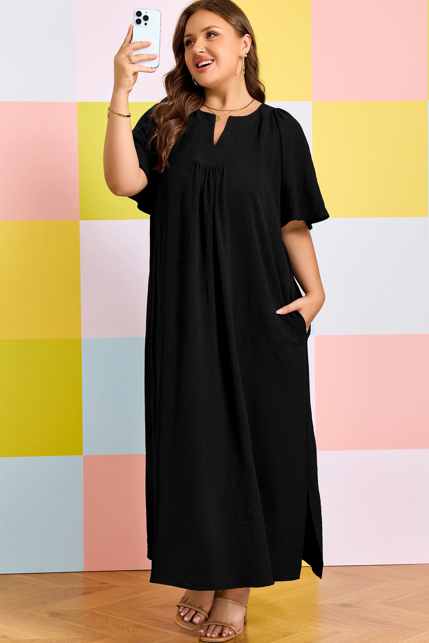 Black Plus Size Solid Color Notched Neck Short Sleeve Loose Dress-TOPS / DRESSES-[Adult]-[Female]-2022 Online Blue Zone Planet