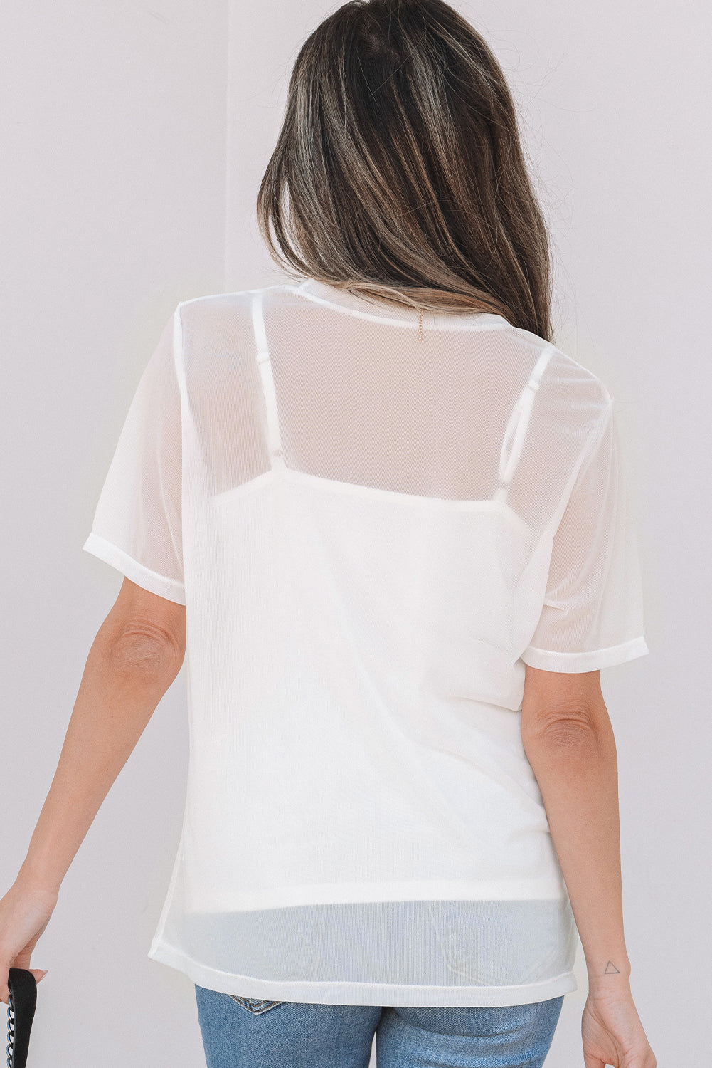 White Solid Color Sheer Mesh Patchwork Short Sleeve Top-Tops/Tops & Tees-[Adult]-[Female]-2022 Online Blue Zone Planet